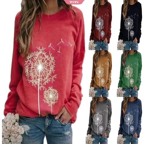 2021 Autumn and Winter Womens Round Neck Pullover Long-sleeved Sweater Dandelion Print Fashion Loose Ladies Pullover