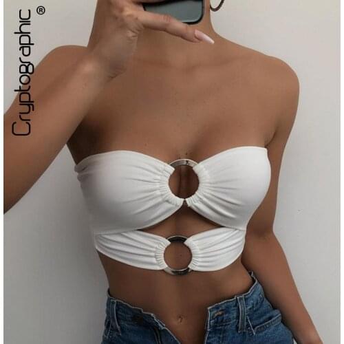 Cryptographic Sexy Strapless Rings Cut Out Crop Tops for Women Fashion Chic Sleeveless Backless Cropped Top Short Summer 2021