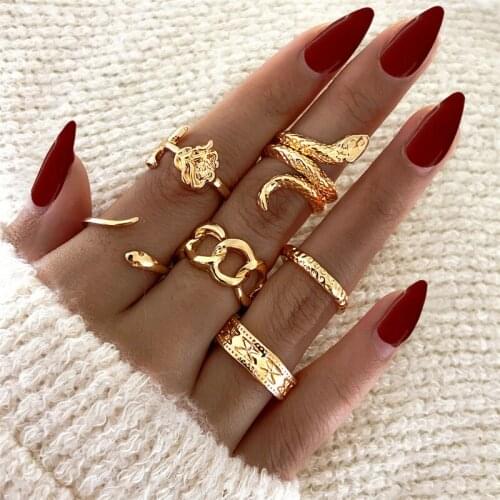 Modyle Vintage Gold Snake Rings Set For Women Trendy Silver Color Geometric Cross Rose Moon Chain Rings 2021 NEW Jewelry Gift