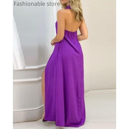 Women Elegant OL Style Solid Color Turn Down Collar Backless Maxi Dress