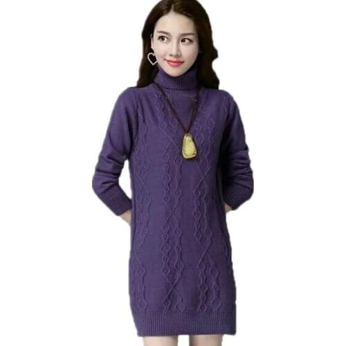 Winter Female Turtleneck Sweater Pullover New Solid Full Sleeved Mid Long Warm Knitted Sweater Jumper Womens Clothing Tops AH10