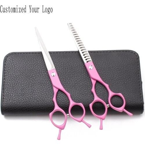 6.5" 7.0" Customize Logo 440C Pink Color Dog Grooming Scissors Straight Scissors Thinning Shears Professional Pet Scissors C9029