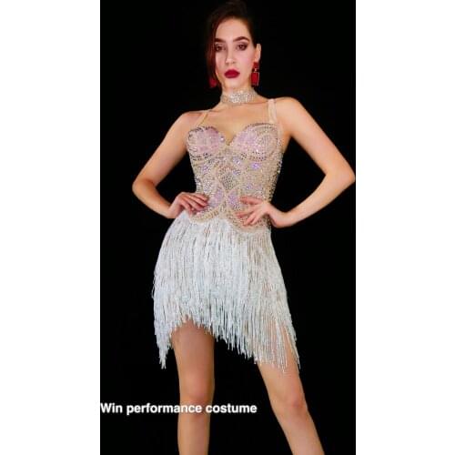 Sparkly Tassel Bodysuit Women Rhinestone Outfit Glisten Beads Dance Costume One-piece Dance Wear Singer Stage dress