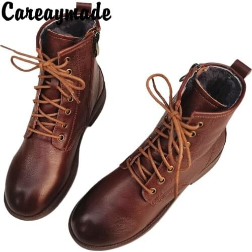 Careaymade-Winter Real leather sheepskin one thickened warm Martin boots womens anti slip plush cotton pure wool boots,2 colors