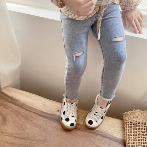 Spring Summer girls jeans baby denim pants kids trousers children streetwear bottoms elastic skinny hole wash 2 to 10 yrs 20C021