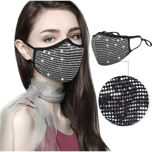 Adult Face Mask Adjustable Washable Reusable Dustproof Halloween Masquerade Rhinestone Crystals Mask for Women mascarillas