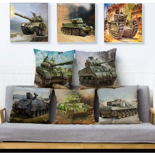 Cartoon Military Tank Print Cushion Cover German War Vehicle Pattern Pillowcase Square Polyester Pillows Cases For Home Decor