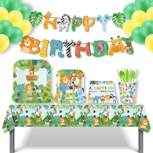Disposable Tableware Sets Jungle Theme Party Decorations Sets Plates Napkins Cups Kids Happy Birthday Party Favors