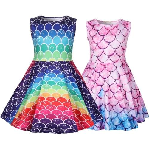 Girls Fancy Dress Rainbow Costume Arier Dress for Girl Party Halloween 3D Prined Casual Clothes Kids Birthday Gift Mermaid Dress