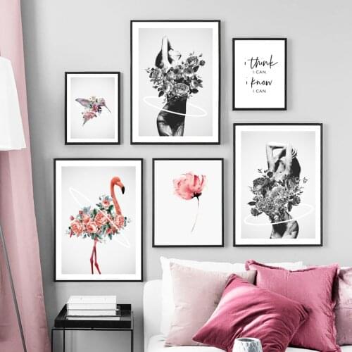 Flower Girl Bird Flamingo Wall Art Canvas Painting Black White Abstract Nordic Posters And Prints Wall Pictures For Living Room