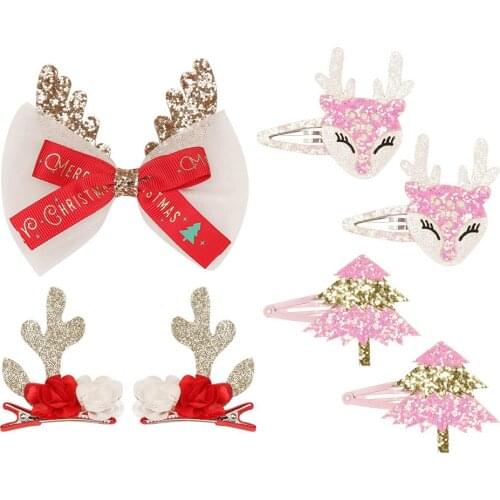 New Cute Christmas Kids Girls Hair Clips Antlers Christmas Tree Fox Cartoon Children Hairpin Bows Clips Headwear Photo Props