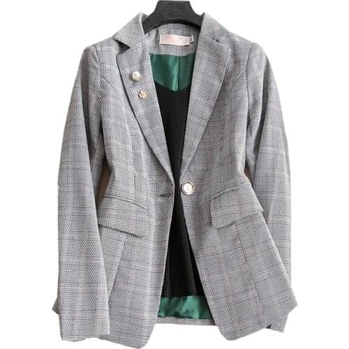 2021 New Lattice Leisure British Style Blazer Feminino Small Suit Coat Autumn Retro Pockets Ladies Jackets Ladies Clothes 3xl