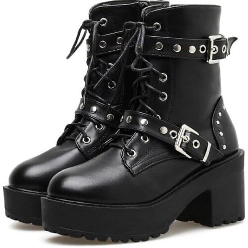 Sexy Rivet Autumn Boots Women Platform Boots Black Leather Gothic Punk Style Combat Boots For Women Mid Heels Comfortable YMA906