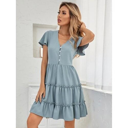 Uclio Womens Short-Sleeve Fashion All-Match Solid Color V-Neck Button Dress Blue