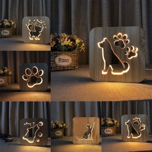 LED USB Night Light 3D Wooden Dog Paw Cat Wolf Head Animal Night Lamp Novelty Kid Bedroom Decoration Table Lights Child Gift