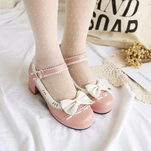 Japanese Lolita Mori girl shoes Middle Heel large size 29-43 Bowknot round head princess shoes sweet Cos JK Uniform Lolita Shoes