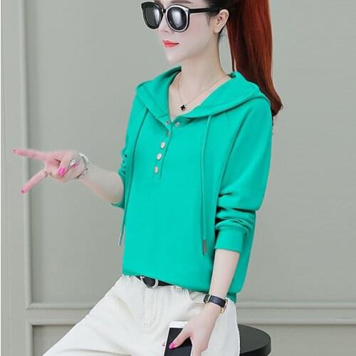 Spring Autumn Womens Cotton Hoodies Casual Solid Color Button Long Sleeve Hooded Collar Korean Loose Sweatshirt AA4022