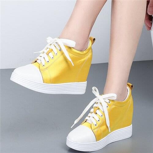Vulcanized Shoes Women Lace Up Genuine Leather Platform Wedges High Heel Fashion Sneakers Female Silk Round Toe Oxfords Shoes