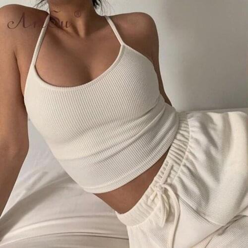 ArtSu Black White Solid Basic Spaghetti Strap Camis Cropped Feminino Woman Skinny Summer Sexy Crop Top Streetwear Camisole