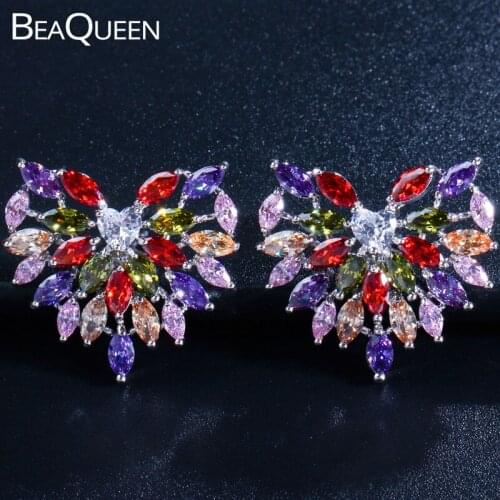 BeaQueen Romantic Colorful CZ Crystal Large Heart Stud Earrings Multi Color Zirconia Women Turkish Jewelry For Girls E017
