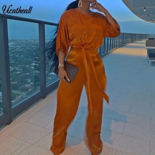 Summer Saitn Two Piece Set Women Wide Leg Pants +loose Shirt Round Neck Clubwear Party Trousers Suits 2 Piece