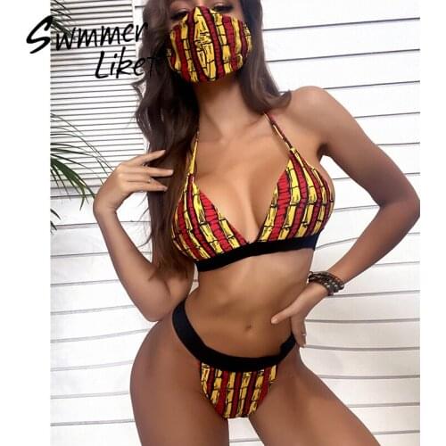 Halter swimsuit women Triangle bikini 2020 Mask swimwear female Print bathing suit Patchwork swim suit beach wear summer new