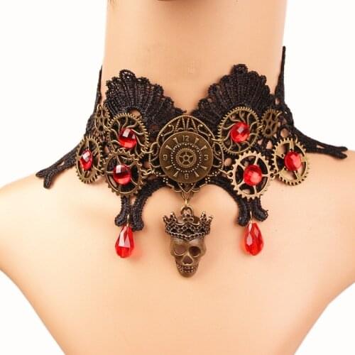 New Retro Steam Engine Gear Necklace Black Lace Skull Female Personality Jewelry Simple and Elegant Delicate Fashion Accessories