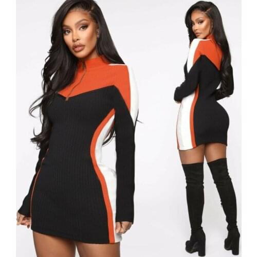 Women Mock Neck Long Sleeve Zipper Color Block Patchwork Bodycon Sporty Dress