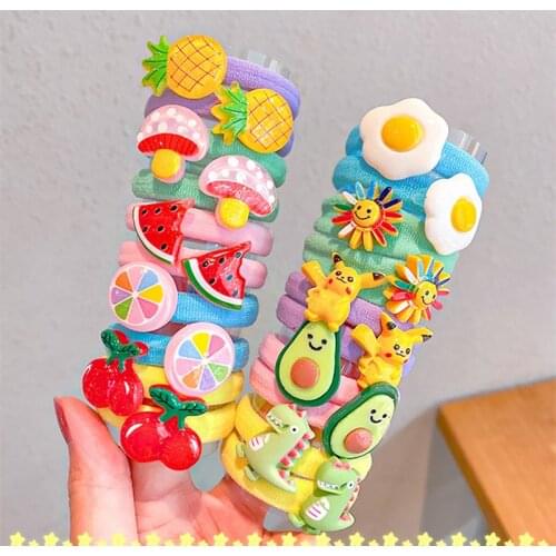 10PCS/Set New Cute Cartoon Flower Fruit Scrunchies For Girls Ponytail Holder Headband Hair Rubber Bands Fashion Hair Accessories