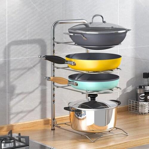 4-layers Stainless Steel Pan Organizer Holder Cutting Board Pan Pot Adjustable Shelf Accessories Kitchen Cookware Storage Rack
