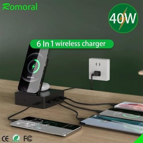 40W Qi wireless charger For IPhone 11 XR X 8 six-in-one wireless charging headset box For apple watch SE,6,5,4,3,2,1 Series