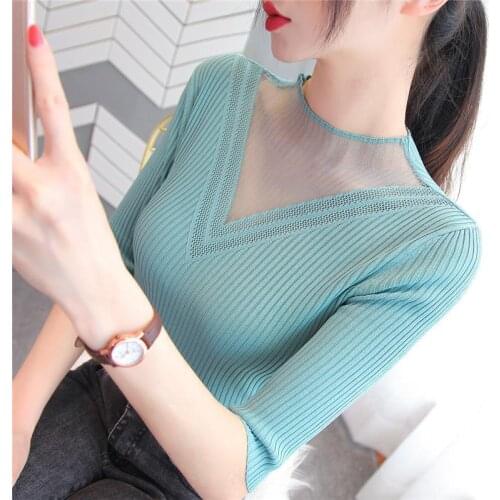 Womens Spring Summer Style Lace Blouses Shirt Womens O-neck Patchwork Half Sleeve Solid Color Korean Slim Tops SP083