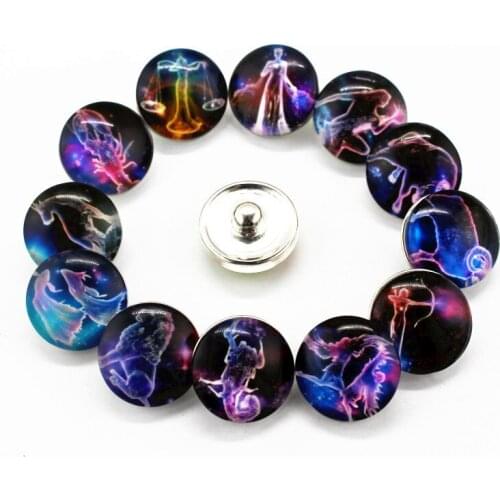 12pcs/lot glass 12 constellation snap buttons 18mm leather clasp snap button Bangles snap bracelet jewelry