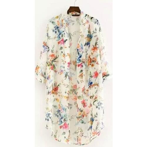 Women Vintage Floral Chiffon Shirts Small Fresh Simple Long Sunscreen Blouse Loose Shawl Kimono Cardigan Boho Tops
