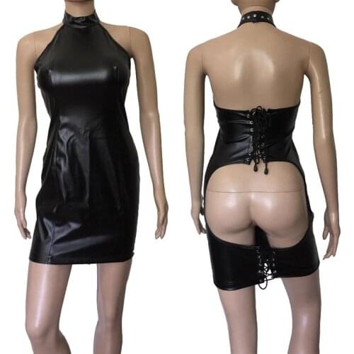 Erotic Faux Leather Open Butt Mini Dress Halter Neck Corset Back Bondage Dress Mistress Role Play Fetish Costume