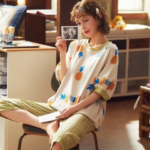 Summer Womens Pajamas Cotton Korean Loose ShortSleeve Pajamas Casual Calf-Length Homewear 2021 Cute Cartoon Pineapple Sleepwear