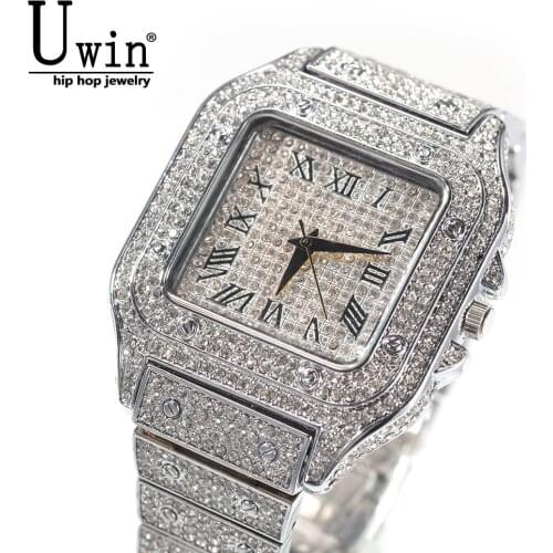 Uwin Square Full Iced Out Watches Men Stainless Steel Fashion Luxury Rhinestones Quartz Square Business Watch