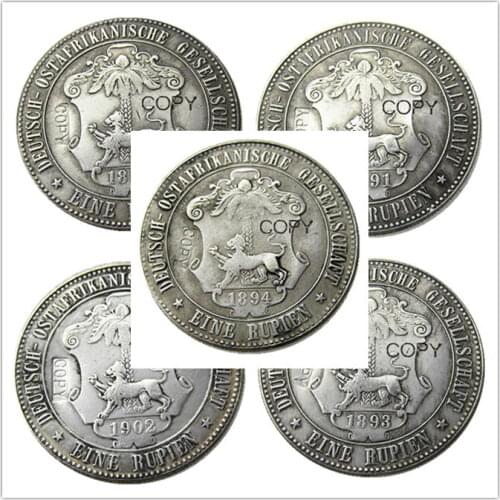 A set of (1891-1902)5pcs German East Africa 1 Rupie Coin Guilelmus II Imperator Silver Plated Copy coin