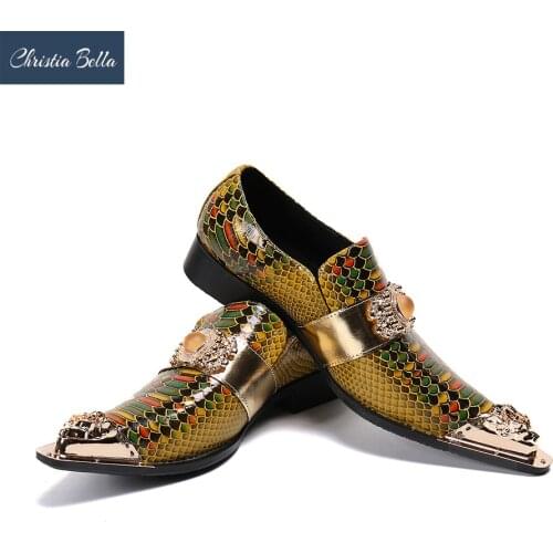 Christia Bella Luxury Party Wedding Men Dress Shoes Metal Pointed Toe Genuine Leather Shoes Fashion Male Business Formal Shoes