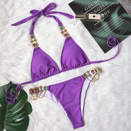 Sexy Rhinestone Diamond Bikini Women Halter Solid Purple Swimsuit Metal Chains Bathing Suit Push Up Thong Swimwear Biquini 2020