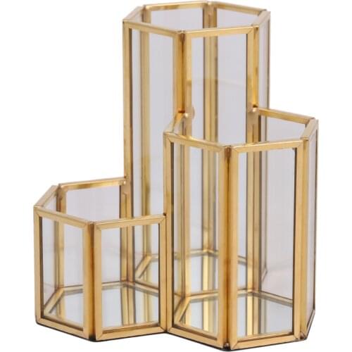 Glass Copper Hexagon Composite Pen Holder Makeup Brush Glass Box Multifunction Desktop Organizer Office Accessories