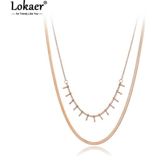 Lokaer Bohemia Titanium Stainless Steel Double Layer Geometric Pendant Necklace For Women Trendy Snake Chain Necklace N21017