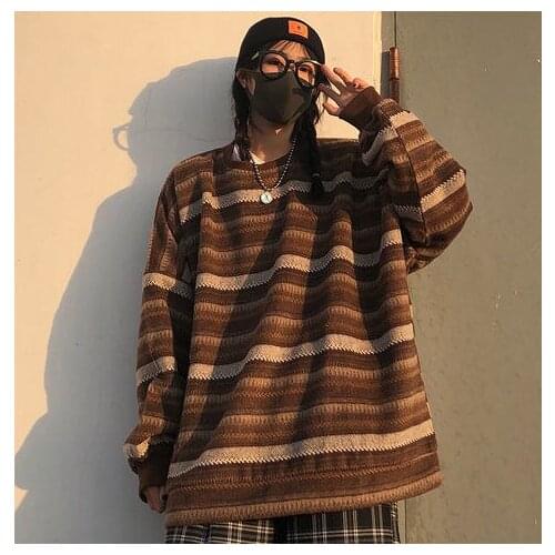 Women Harajuku Pullovers Oversize BF Unisex Couples Japanese Striped Knit Sweater Hip Hop Female New Winter Fashion Retro Daily
