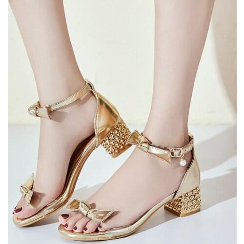 YMECHIC Summer 2019 Womens Silver Red Gold Sandals Knot Block Heels Ankle Bowtie Strap Party Wedding Cute Lolita Shoes Woman