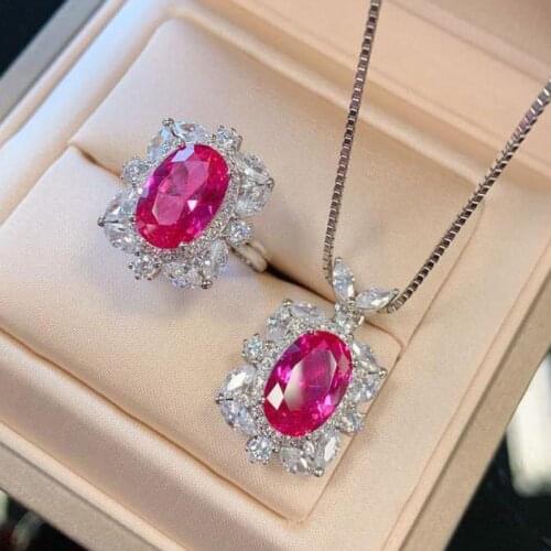 Vintage 100% Silver Sterling Oval Created Ruby Gemstone Pendant/necklace/ring Set Wedding Engagement Fine Jewelry For Women