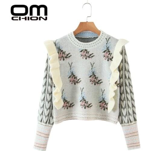 OMCHION Pull Femme 2021 Autumn Winter Floral Jacquard Ruffle Kawii Sweater Women Casual Loose Chic Pullover Elegant Jumper BE74