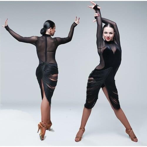 Women velvet Latin dance dress tassel mesh yarn perspective latin dancewear fringe Rumba ballroom sexy tango dresses for dance