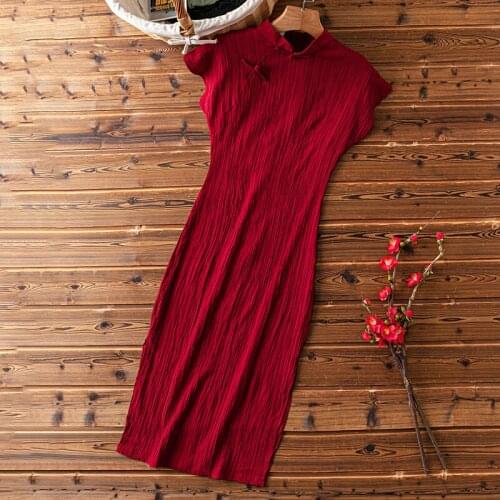 Sexy Cheongsam Dress Chinese Traditional Costumes for Women Solid Color Summer Short Sleeve Slit Dresses Vintage Bodycon Outfit