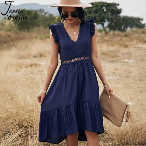 Jessie Vinson Sleeveless Solid Pink Blue Boho Midi Dress Ruffles Lace Splicing V-neck Sexy Dress Summer Vestidos Robe Femme 2021