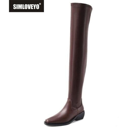 SIMLOVEYO 2021 Winter Genuine Leather Over Knee High Boots Slim Strength Square Toe Med Heels Slip On Bootie Black Brown 43 42